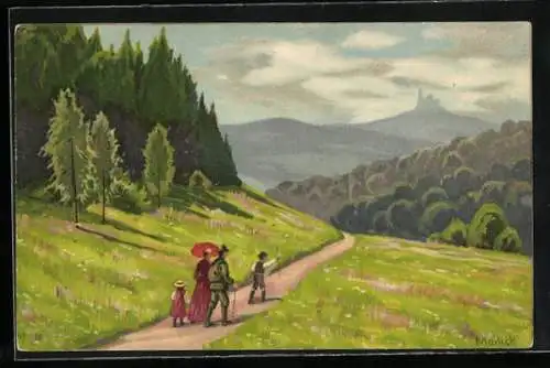 Künstler-AK Alfred Mailick: Familie beim Ausflug in den Bergen