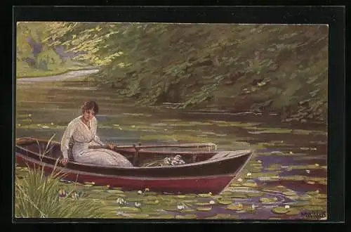 Künstler-AK Alfred Mailick: Frau im Boot und Wasserrosen