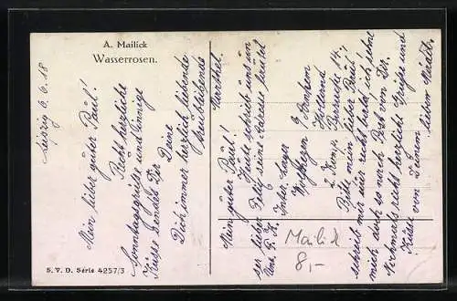 Künstler-AK Alfred Mailick: Frau im Boot und Wasserrosen