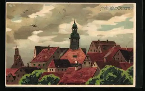 Künstler-Lithographie Alfred Mailick: Dächer einer Ortschaft mit Kirchturm