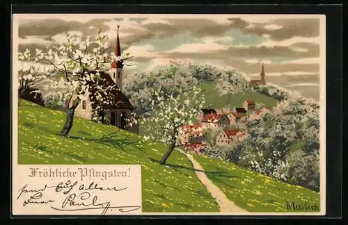 Künstler-AK Alfred Mailick: Landschaft mit Kirche bei Baumblüte, Pfingstgruss