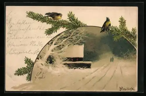 Künstler-AK Alfred Mailick: Winter-Idylle am Abend, Vögel und Tannenzweige