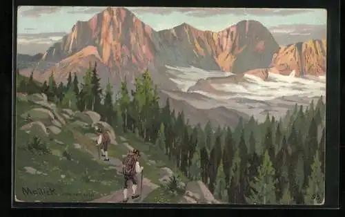 Künstler-Lithographie Alfred Mailick: Alpenidyll mit Bergsteigern