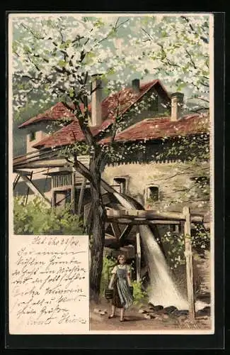 Künstler-AK Alfred Mailick: Blühende Bäume an der Wassermühle, Fröhliche Pfingsten