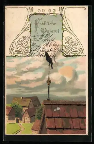 Künstler-AK Alfred Mailick: Schwarzer Vogel auf einer Dachspitze, Ostergruss