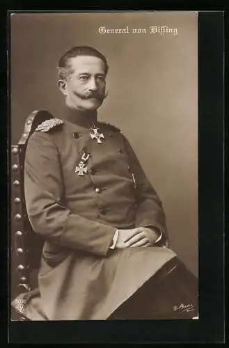 AK General von Bissing in Uniform mit Orden und Kaiser Wilhelm Bart, Heerführer