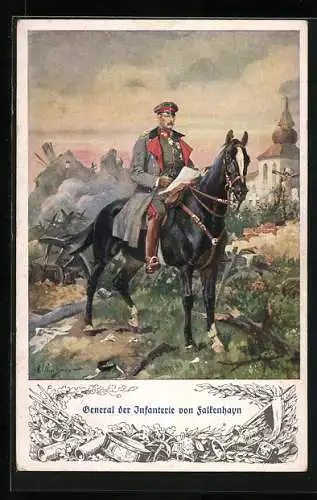 AK Heerführer General der Infanterie von Falkenhayn, Portrait zu Pferde