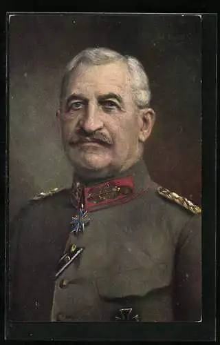 Künstler-AK General von Linsingen in Uniform mit Pour le Merite, Heerführer