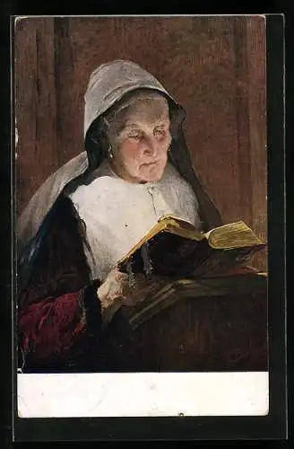 AK Ältere Frau liest die Bibel, Religion