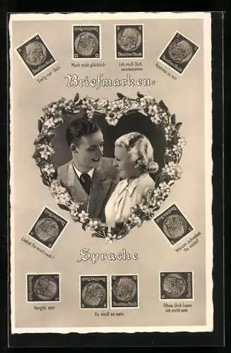 AK Verliebtes Paar mit Briefmarken, Briefmarkensprache