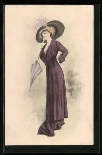 Künstler-AK Dame in violettem Kleid mit Schirm