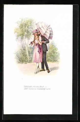 Künstler-AK Paar küsst unterm Schirm