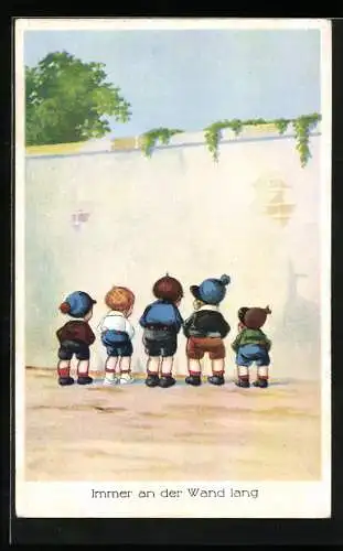 AK Toilettenhumor, Immer an der Wand lang, 5 Jungs pinkeln gegen die Wand