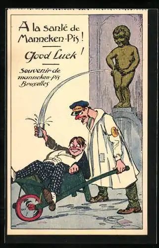 AK A la santé de Manneken-Pis, Betrunkener lässt sein Glas vom Manneken-Pis füllen