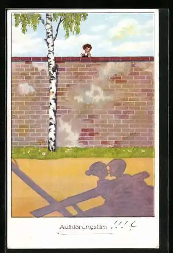 Künstler-AK Aufklärungsfilm Erotik, Kind beobachtet Schatten eines Liebespaares