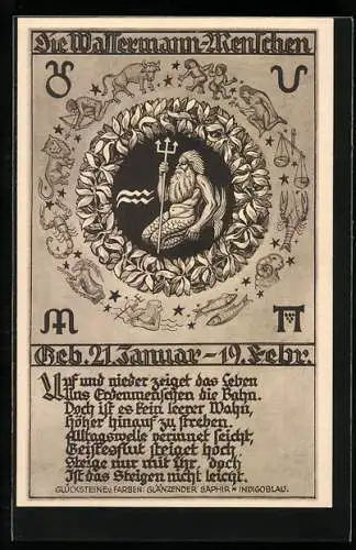 AK Sternzeichen Wassermann, Wassermann mit Dreizack im Kranz, alle Sternzeichen um den Kranz herum angeordnet, Horoskop
