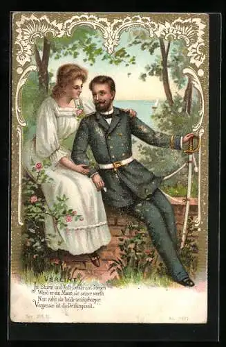 Künstler-AK Liebespaar auf Mauer inmitten von Rosen