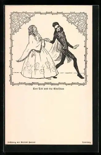 Künstler-AK Gertrud Hoerner: Totentanz, Der Tod und die Edelfrau