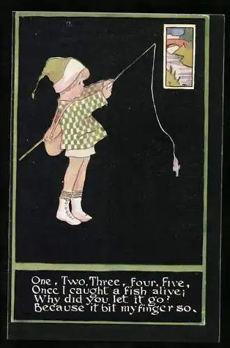 Künstler-AK Kind mit Fisch an der Angel
