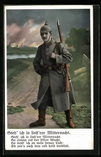 AK Infanterie-Soldat in Uniform mit Mantel und Gewehr