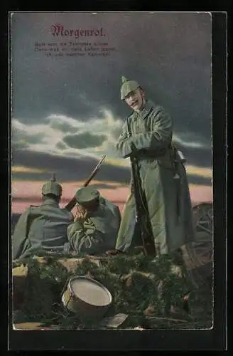 Künstler-AK Soldaten auf Wacht beim Beobachten des Sonnenaufganges