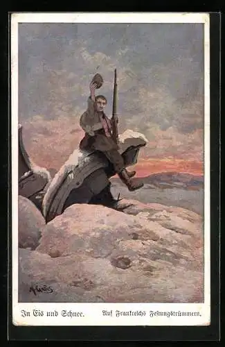 Künstler-AK Infanterie-Soldat in Uniform auf Festungstrümmern