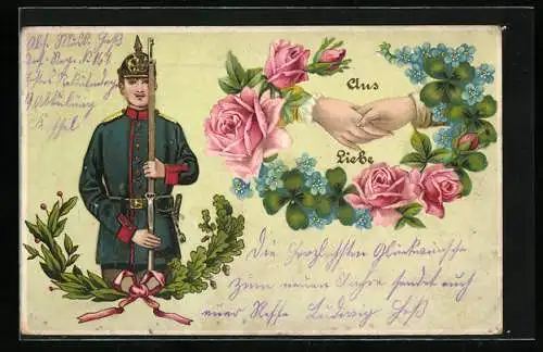 AK Infanterie-Soldat in Uniform mit Liebesgruss