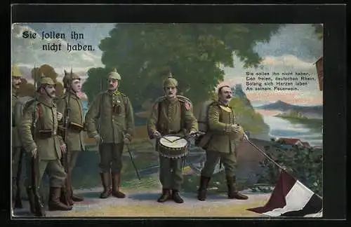 AK Soldaten der Infanterie in Uniformen mit Trommel und Reichsfahne, Musikkapelle