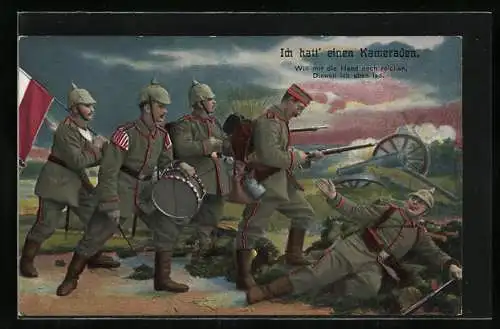 AK Infanterie-Soldaten in Uniform mit sterbendem Kameraden