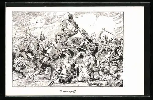 Künstler-AK Sturmangrif, Deutsche Infanterie überrennt französische Truppen und erobert die Standarte