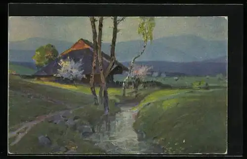 Künstler-AK Fritz Reiss: Frühling im Schwarzwald, Haus am Fluss