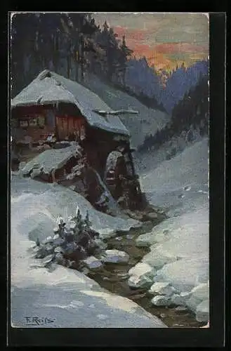 Künstler-AK Fritz Reiss: Wassermühle im Schwarzwald im Winter