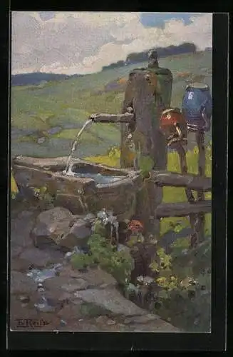 Künstler-AK Fritz Reiss: Landschaft und Brunnen