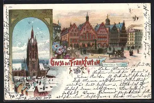 Glitzer-Perl-Lithographie Alt-Frankfurt, Der neue Römer und Dom, Winteransicht