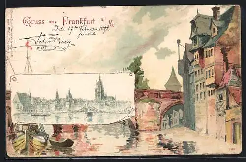 Lithographie Alt-Frankfurt, Partie in der Altstadt, Teilansicht mit Mainbrücke