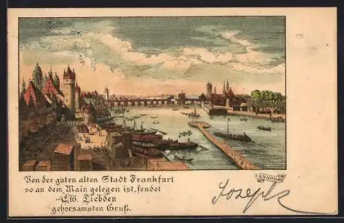 Lithographie Alt-Frankfurt, Ortspanorama mit Main