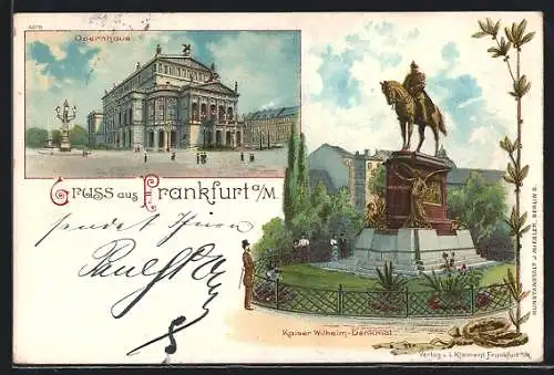 Lithographie Frankfurt /Main, Blick zum Opernhaus und Kaiser-Wilhelm-Denkmal