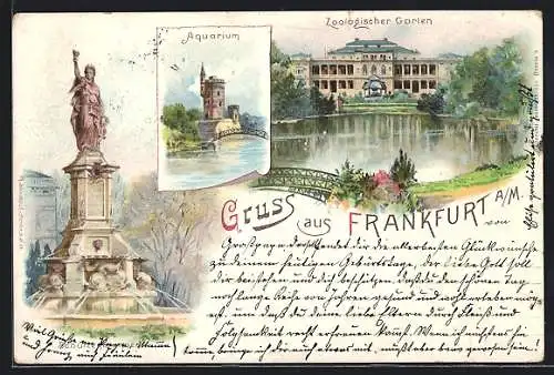 Künstler-AK Frankfurt-Ostend, Ruine mit Weiher, Zoologischer Garten und Schützenbrunnen