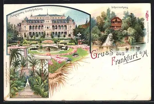 Lithographie Frankfurt-Westend, Palmengarten Gesellschaftshaus und Schweizerhaus