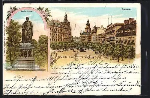 Lithographie Frankfurt /Main, Rossmarkt & Goethe Denkmal