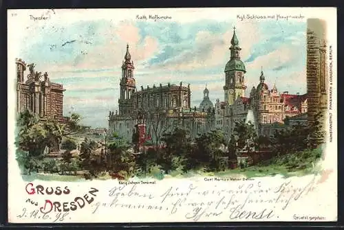 Lithographie Dresden, Hofkirche, Theater und Königliches Schloss