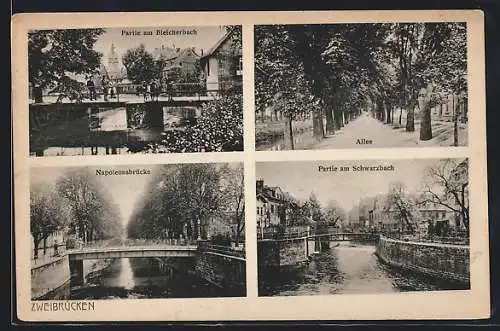 AK Zweibrücken, Partie am Bleicherbach, Napoleonsbrücke, Allee