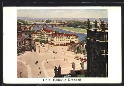AK Dresden, Teilansicht mit Hotel Bellevue und Strassenbahn