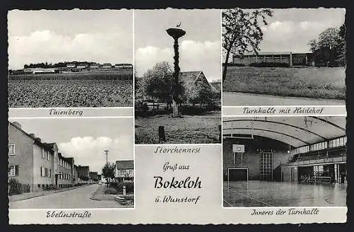 AK Bokeloh ü. Wunstorf, Ebelinstrasse, Turnhalle mit Heidehof, Storchennest