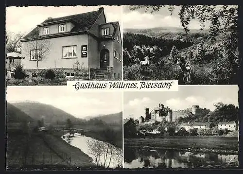 AK Biersdorf /Krs. Bitburg, Gasthaus Willmes, Blick zur Burg