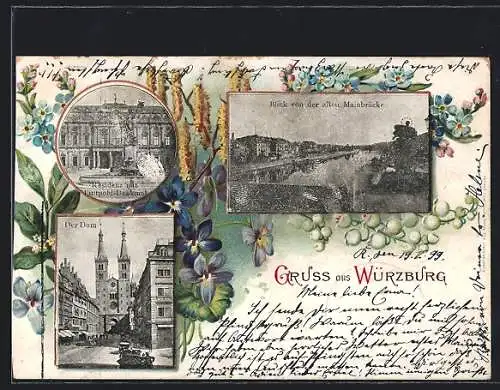 Lithographie Würzburg, Residenz mit Luitpold-Denkmal, Dom, Vergissmeinnicht und Veilchen