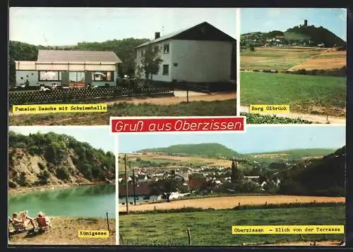 AK Oberzissen, Hotel-Pension Basche mit Schwimmhalle, Königssee, Burg Olbrück