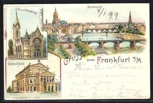 Lithographie Frankfurt /Main, Peterskirche, Opernhaus und Mainansicht