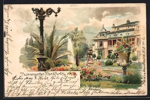 Lithographie Frankfurt-Westend, Palmengarten, Ortspartie mit exotischen Pflanzen