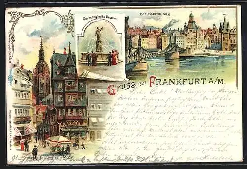 Lithographie Alt-Frankfurt, der eiserne Steg, Marktplatz und Gerechtigkeitsbrunnen